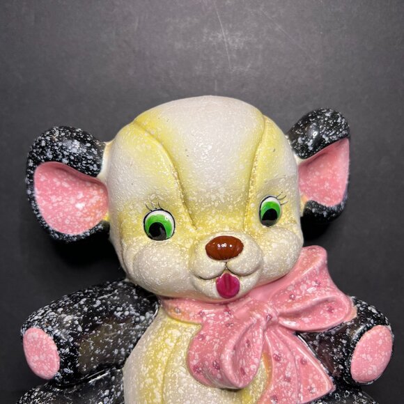 Vintage MCM 1950s Napco Black Pink & Yellow Speckled Ceramic Teddy Bear Planter - Picture 2 of 10